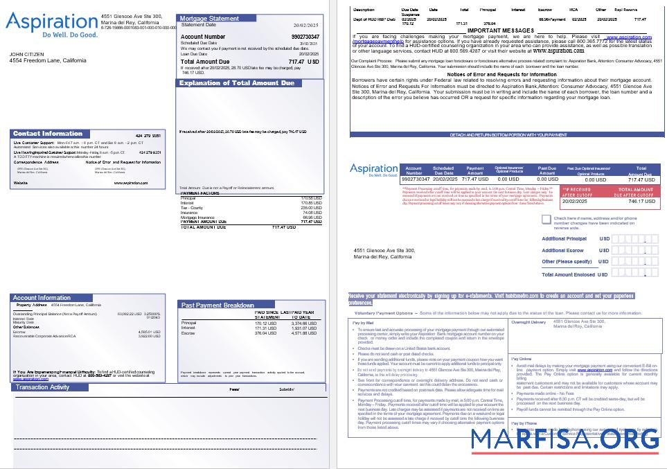 Printable USA Aspiration bank mortgage statement in Word and PDF formats, 3 pages 1 2 download for verification